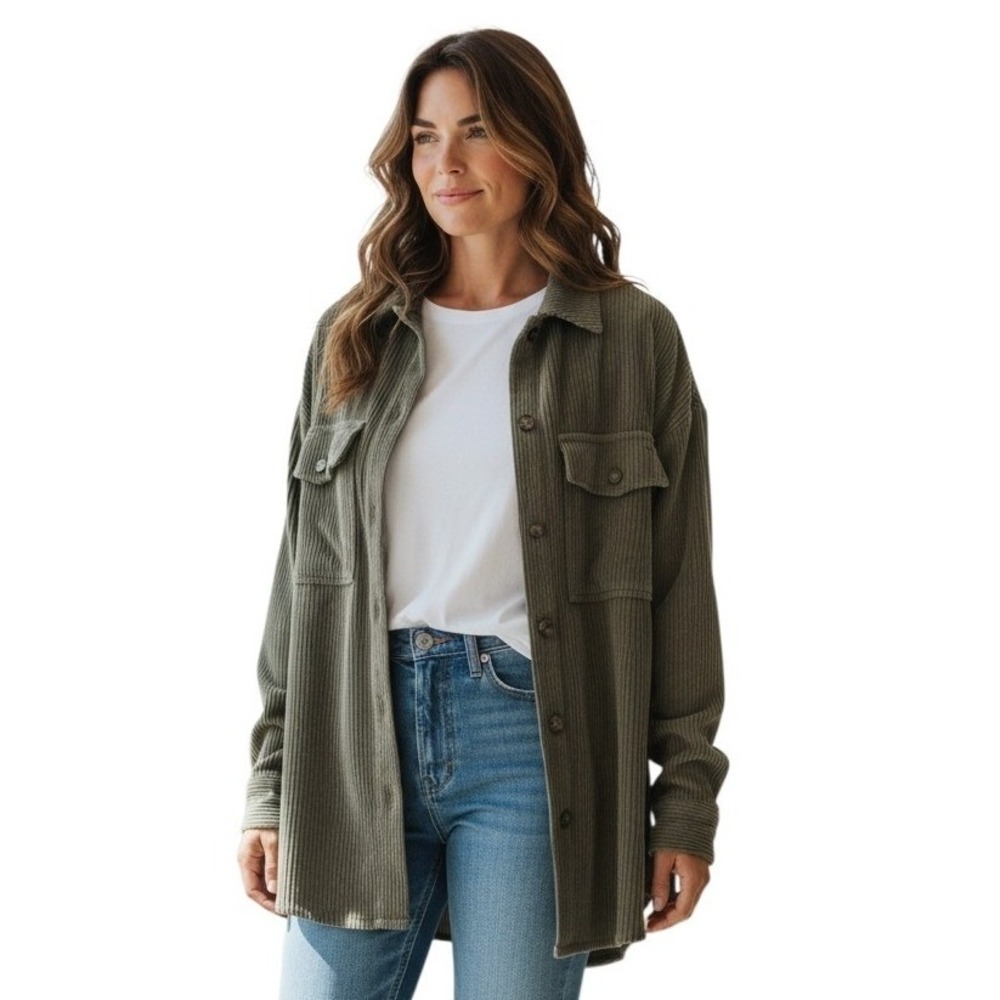Ashley by 26 International Womens Corduroy Shacket Olive Green Large
